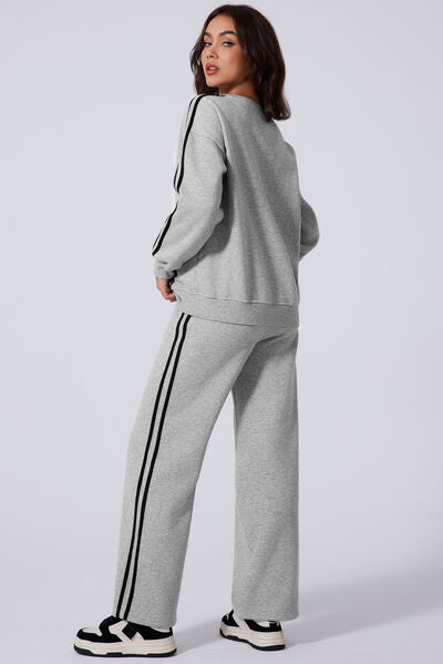 Side Striped Round Neck Top and Pants Active Set - FitFemme.Shop