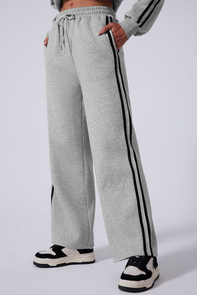 Side Striped Round Neck Top and Pants Active Set - FitFemme.Shop