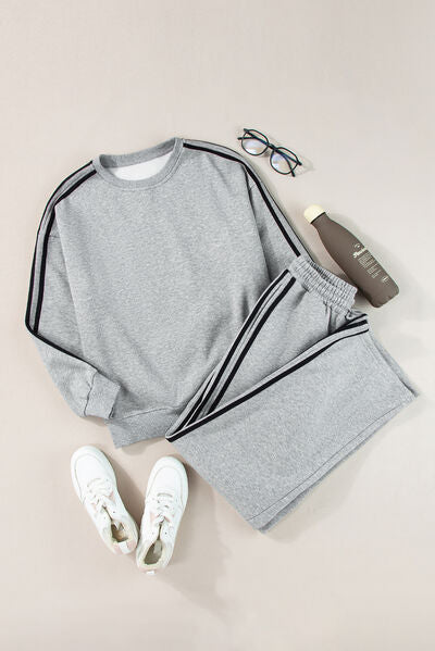 Side Striped Round Neck Top and Pants Active Set - FitFemme.Shop