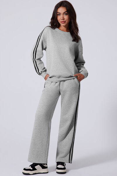 Side Striped Round Neck Top and Pants Active Set - FitFemme.Shop