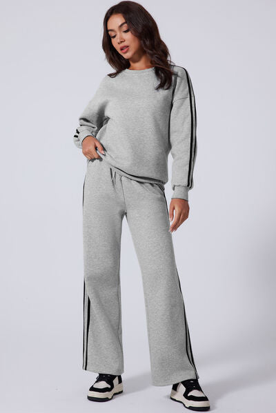 Side Striped Round Neck Top and Pants Active Set - FitFemme.Shop