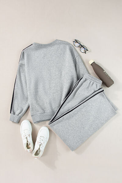 Side Striped Round Neck Top and Pants Active Set - FitFemme.Shop
