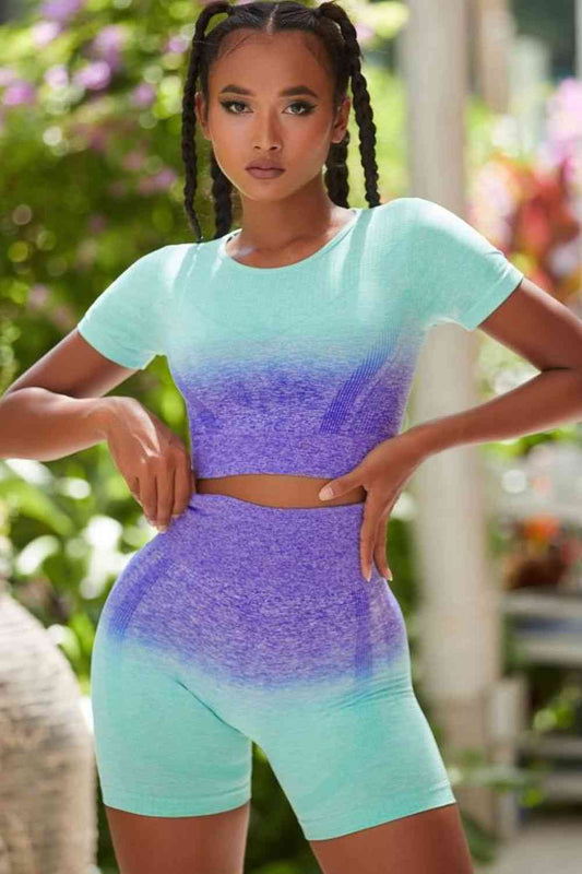Contrast Round Neck Sports Top and Shorts Set - FitFemme.Shop