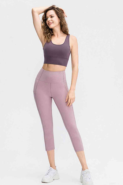Wide Waistband Cropped Active Leggings with Pockets - FitFemme.Shop