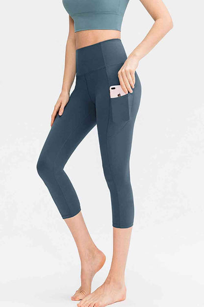 Wide Waistband Cropped Active Leggings with Pockets - FitFemme.Shop