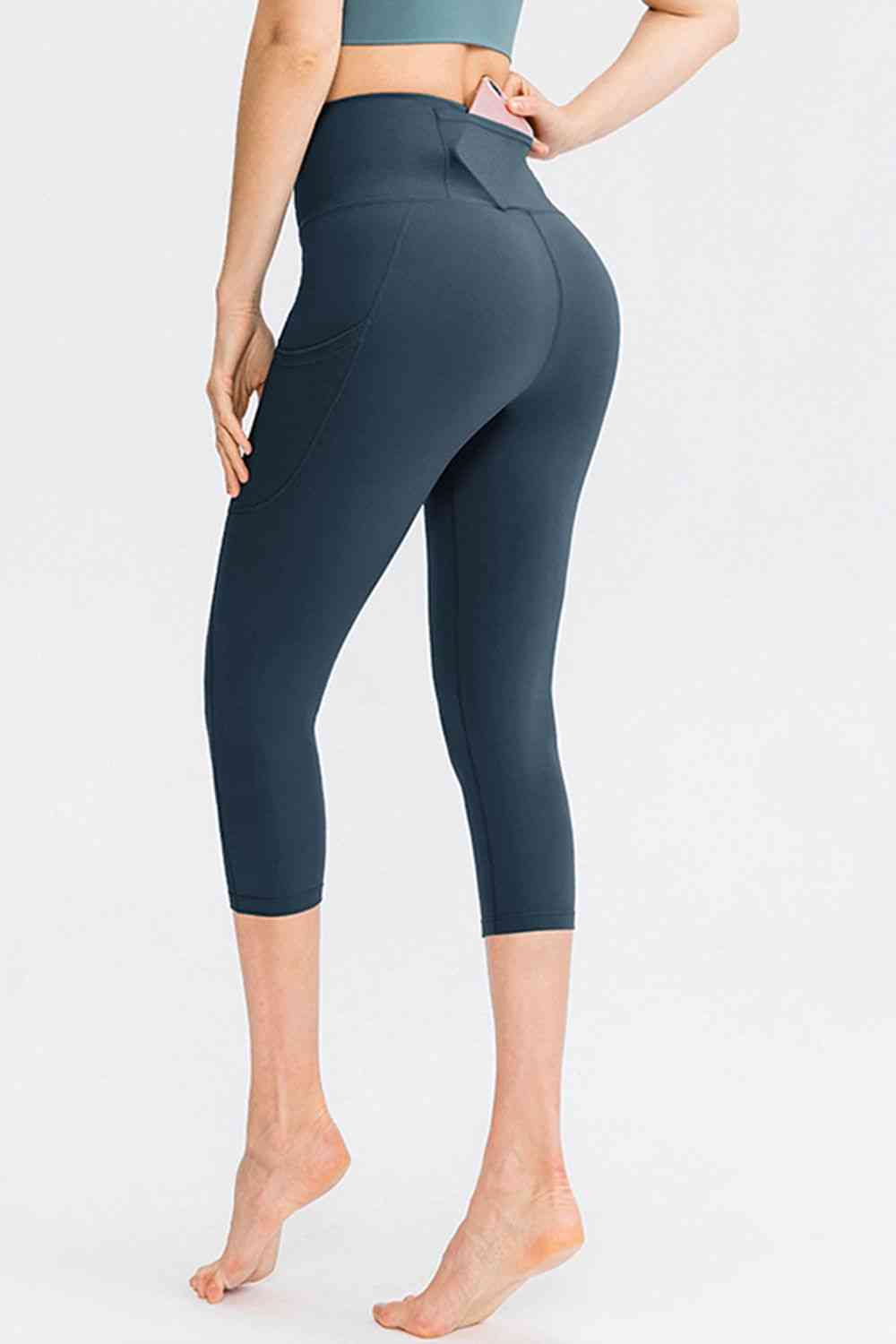 Wide Waistband Cropped Active Leggings with Pockets - FitFemme.Shop