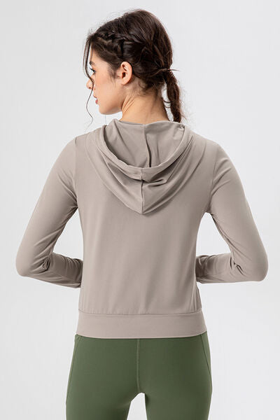 Drawstring Zip Up Hooded Active Outerwear - FitFemme.Shop