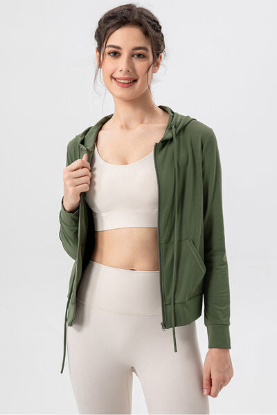 Drawstring Zip Up Hooded Active Outerwear - FitFemme.Shop