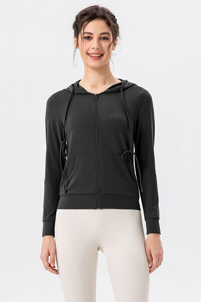 Drawstring Zip Up Hooded Active Outerwear - FitFemme.Shop