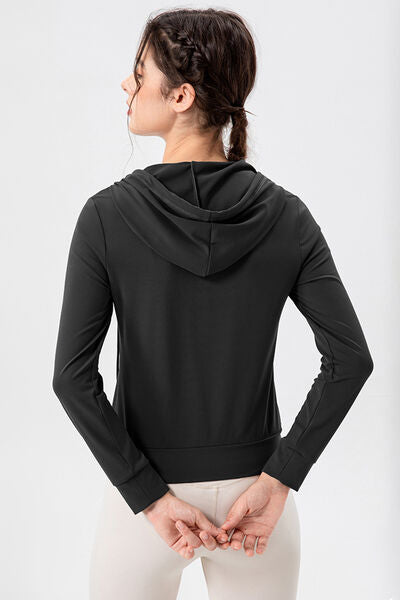 Drawstring Zip Up Hooded Active Outerwear - FitFemme.Shop