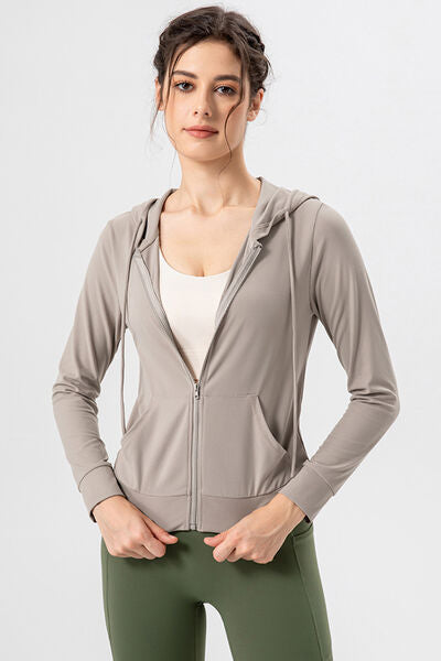 Drawstring Zip Up Hooded Active Outerwear - FitFemme.Shop