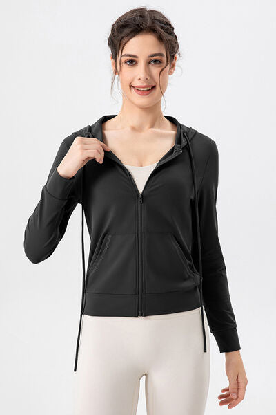 Drawstring Zip Up Hooded Active Outerwear - FitFemme.Shop