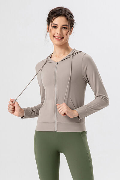 Drawstring Zip Up Hooded Active Outerwear - FitFemme.Shop