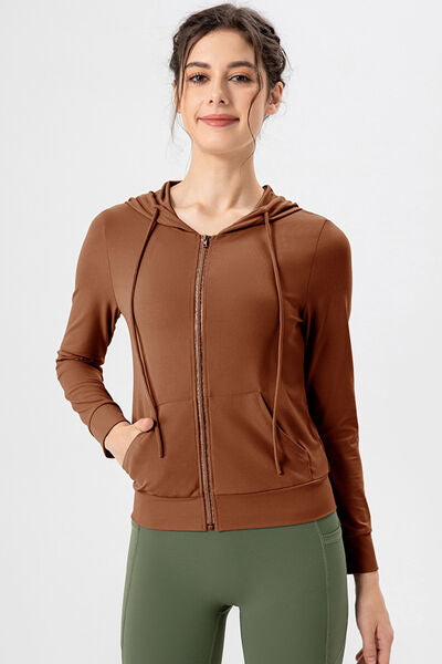 Drawstring Zip Up Hooded Active Outerwear - FitFemme.Shop