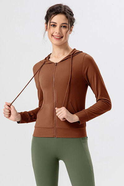 Drawstring Zip Up Hooded Active Outerwear - FitFemme.Shop