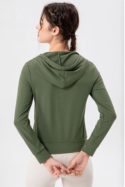 Drawstring Zip Up Hooded Active Outerwear - FitFemme.Shop