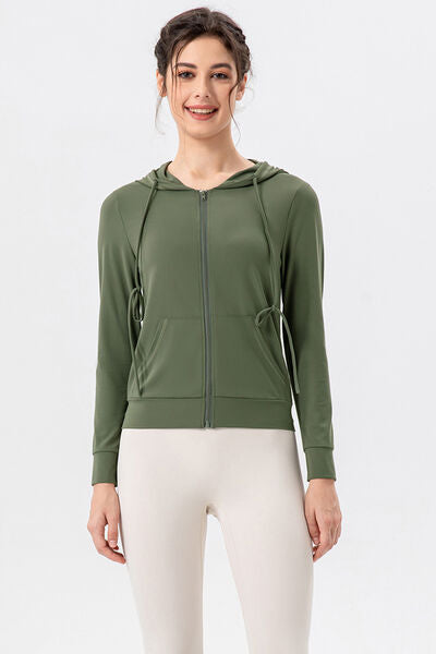 Drawstring Zip Up Hooded Active Outerwear - FitFemme.Shop