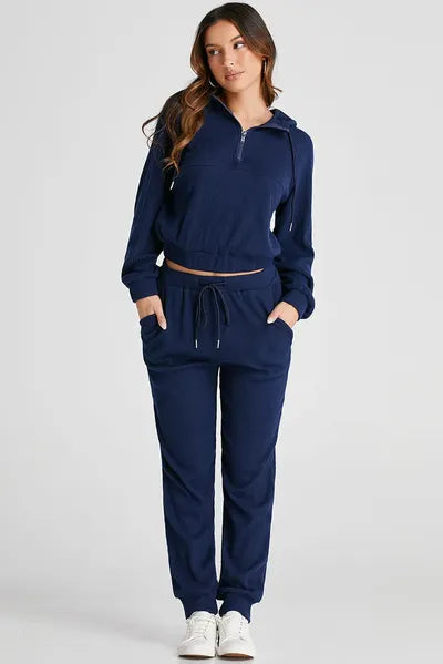 Drawstring Half Zip Hoodie and Joggers Active Set - FitFemme.Shop