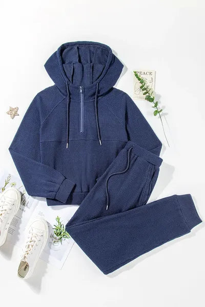 Drawstring Half Zip Hoodie and Joggers Active Set - FitFemme.Shop