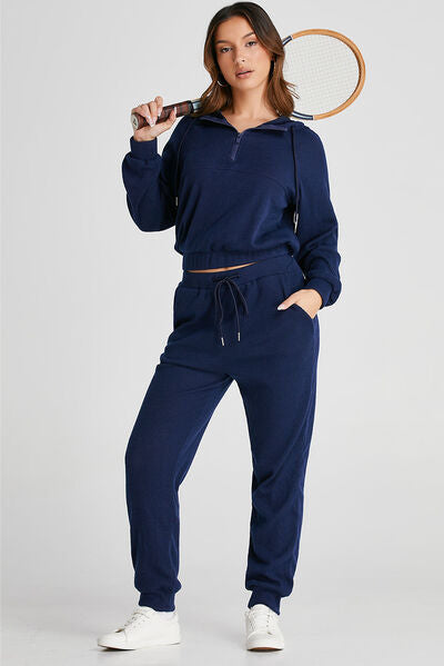 Drawstring Half Zip Hoodie and Joggers Active Set - FitFemme.Shop