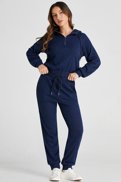 Drawstring Half Zip Hoodie and Joggers Active Set - FitFemme.Shop