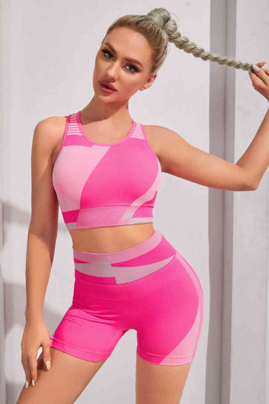 Color Block Sports Bra and Shorts Set - FitFemme.Shop