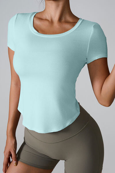 Cutout Round Neck Short Sleeve Active T-Shirt - FitFemme.Shop