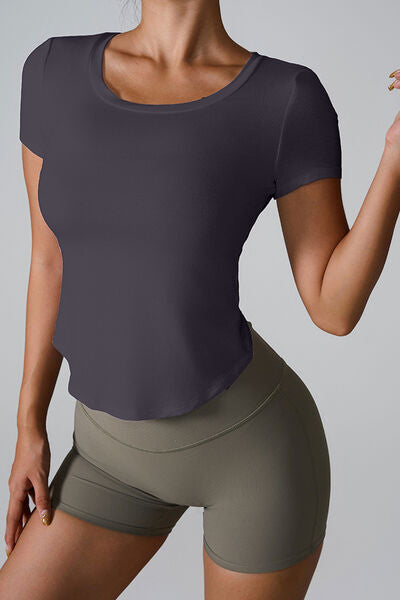 Cutout Round Neck Short Sleeve Active T-Shirt - FitFemme.Shop