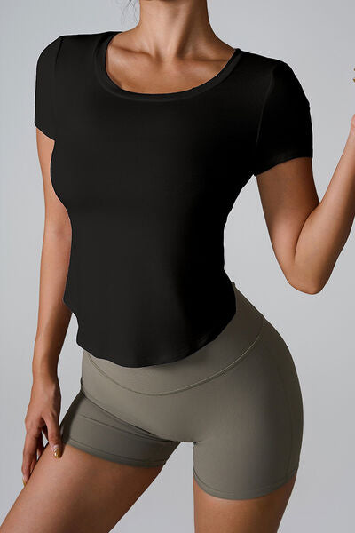 Cutout Round Neck Short Sleeve Active T-Shirt - FitFemme.Shop