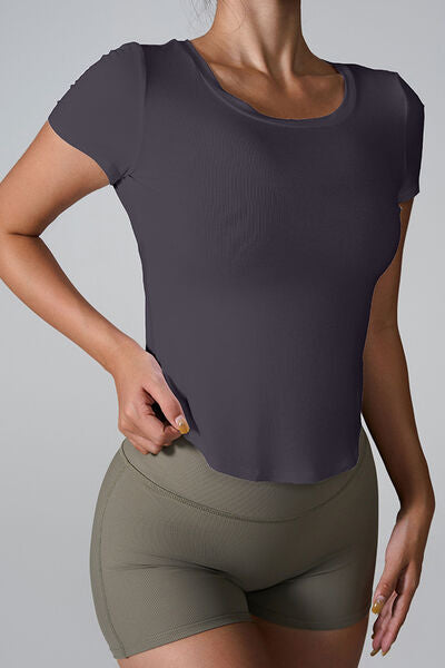 Cutout Round Neck Short Sleeve Active T-Shirt - FitFemme.Shop