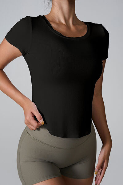 Cutout Round Neck Short Sleeve Active T-Shirt - FitFemme.Shop