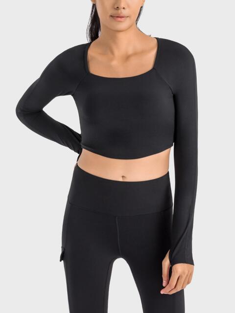 Millennia Square Neck Long Sleeve Cropped Sports Top - FitFemme.Shop