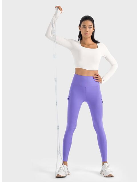 Millennia Square Neck Long Sleeve Cropped Sports Top - FitFemme.Shop