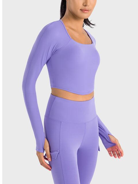 Millennia Square Neck Long Sleeve Cropped Sports Top - FitFemme.Shop