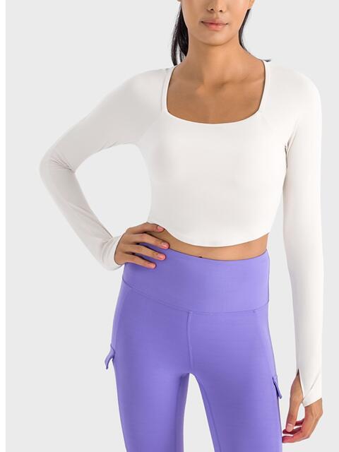 Millennia Square Neck Long Sleeve Cropped Sports Top - FitFemme.Shop