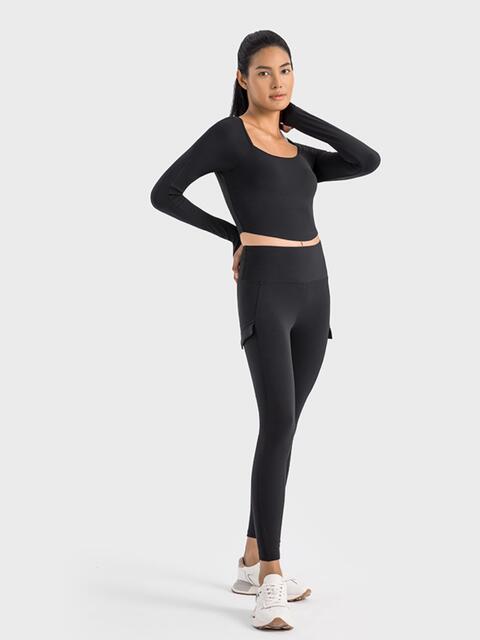 Millennia Square Neck Long Sleeve Cropped Sports Top - FitFemme.Shop