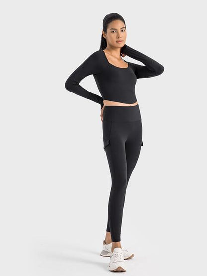 Millennia Square Neck Long Sleeve Cropped Sports Top - FitFemme.Shop