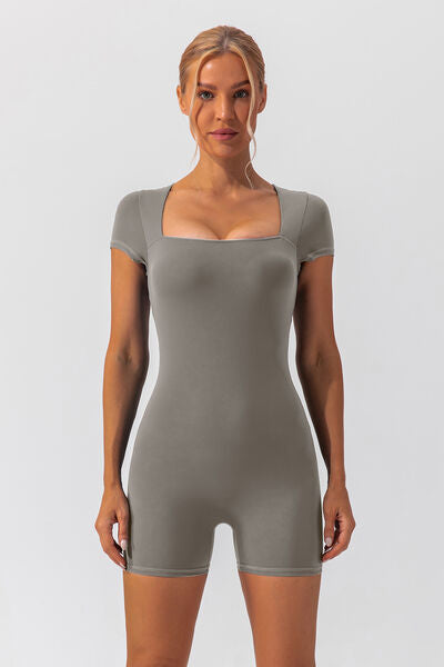 Square Neck Cap Sleeve Active Romper - FitFemme.Shop