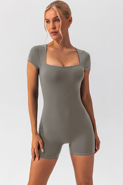 Square Neck Cap Sleeve Active Romper - FitFemme.Shop