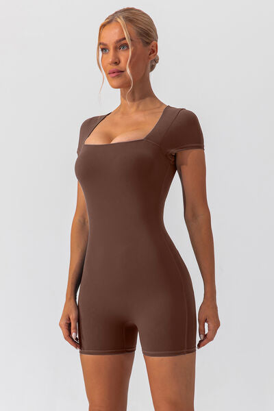 Square Neck Cap Sleeve Active Romper - FitFemme.Shop