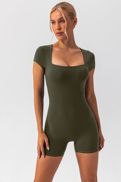 Square Neck Cap Sleeve Active Romper - FitFemme.Shop