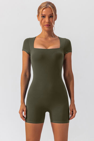 Square Neck Cap Sleeve Active Romper - FitFemme.Shop