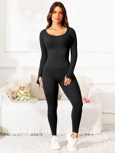Scoop Neck Long Sleeve Active Jumpsuit - FitFemme.Shop
