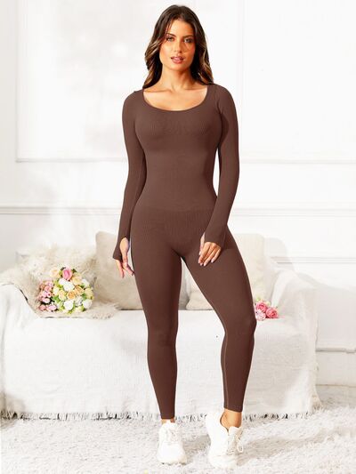 Scoop Neck Long Sleeve Active Jumpsuit - FitFemme.Shop