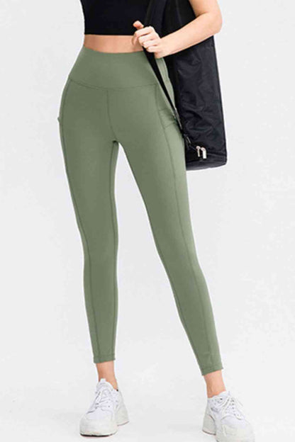 Wide Waistband Slim Fit Long Sports Pants with Pocket - FitFemme.Shop
