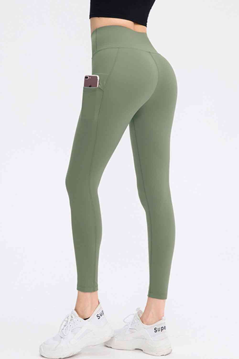 Wide Waistband Slim Fit Long Sports Pants with Pocket - FitFemme.Shop