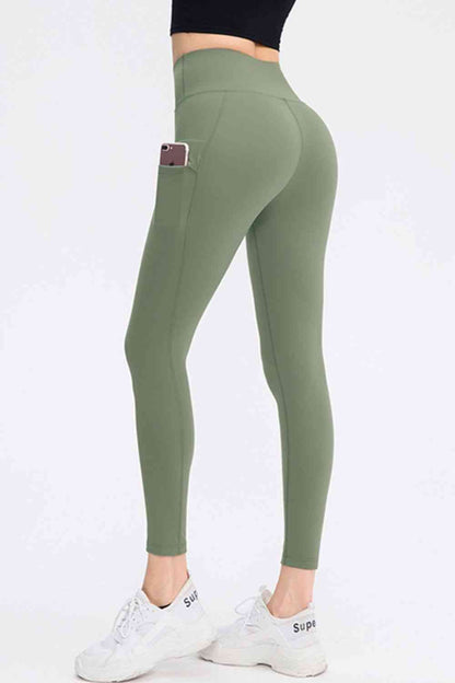 Wide Waistband Slim Fit Long Sports Pants with Pocket - FitFemme.Shop