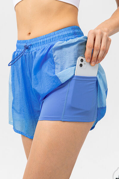 Color Block Drawstring Active Shorts - FitFemme.Shop