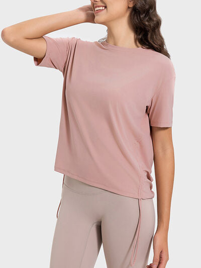 Millennia Drawstring Round Neck Short Sleeve Active T-Shirt - FitFemme.Shop