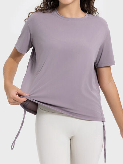 Millennia Drawstring Round Neck Short Sleeve Active T-Shirt - FitFemme.Shop